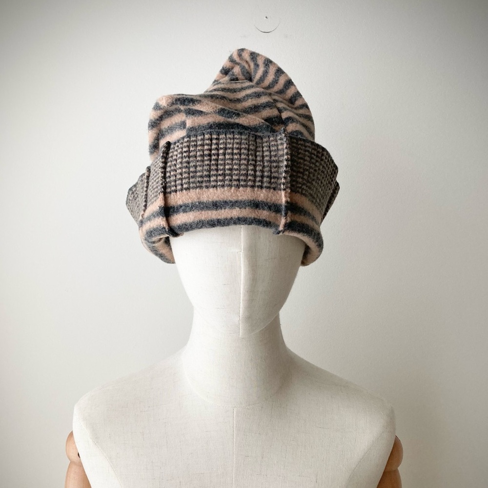 joodito origami crown wool sweater hat bucket beanie cap cloche striped gray tan - Picture 3 of 13